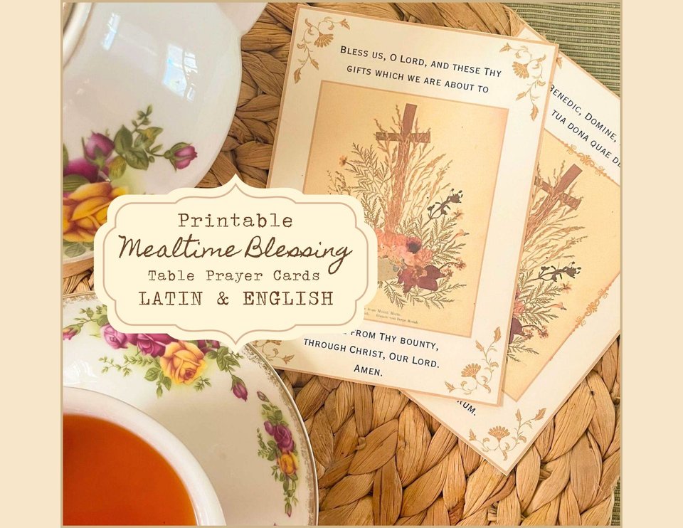 Mealtime Blessing Table Prayer Card Catholic Latin and English