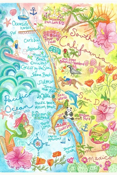 San Diego Illustrated Map Print 11x14" Print